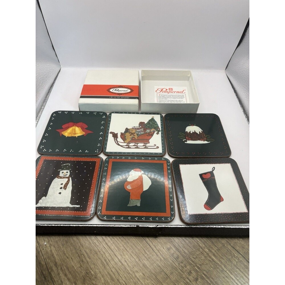 SET OF 6 Vintage Pimpernel Christmas Holiday Coasters Cork Backing England